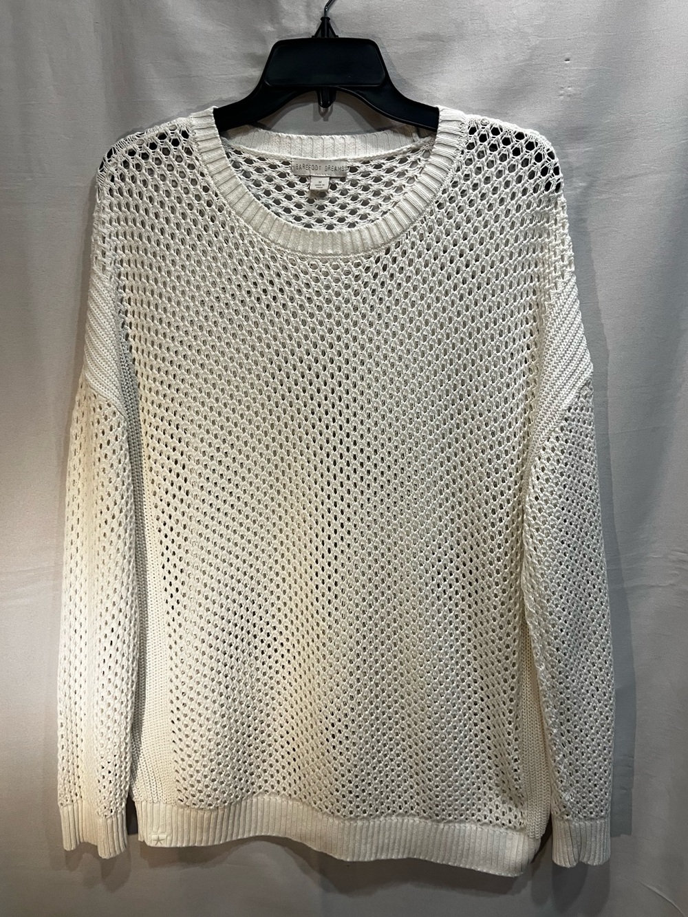 Barefoot Dreams White Cotton Open Knit Crochet Crewneck Sweater Size M